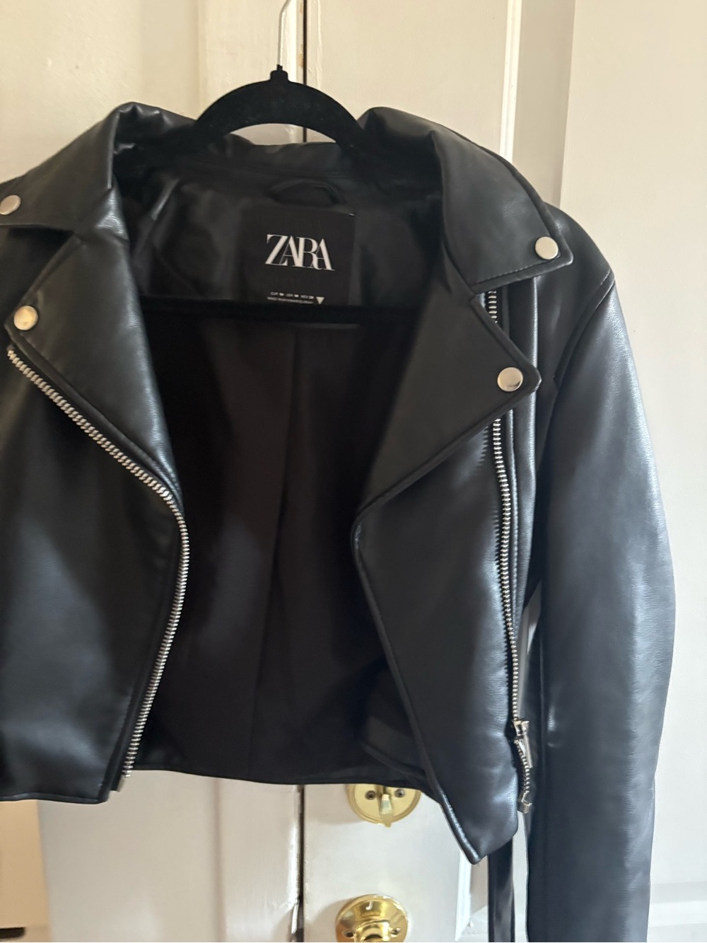 ZARA Black Faux Leather Biker Jacket with Silver Hardware